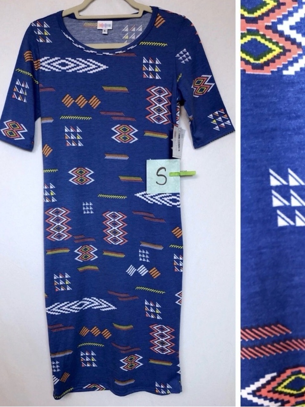 LuLaRoe Julia Blue Geometric Short Sleeve Sheath Dress S NWT
